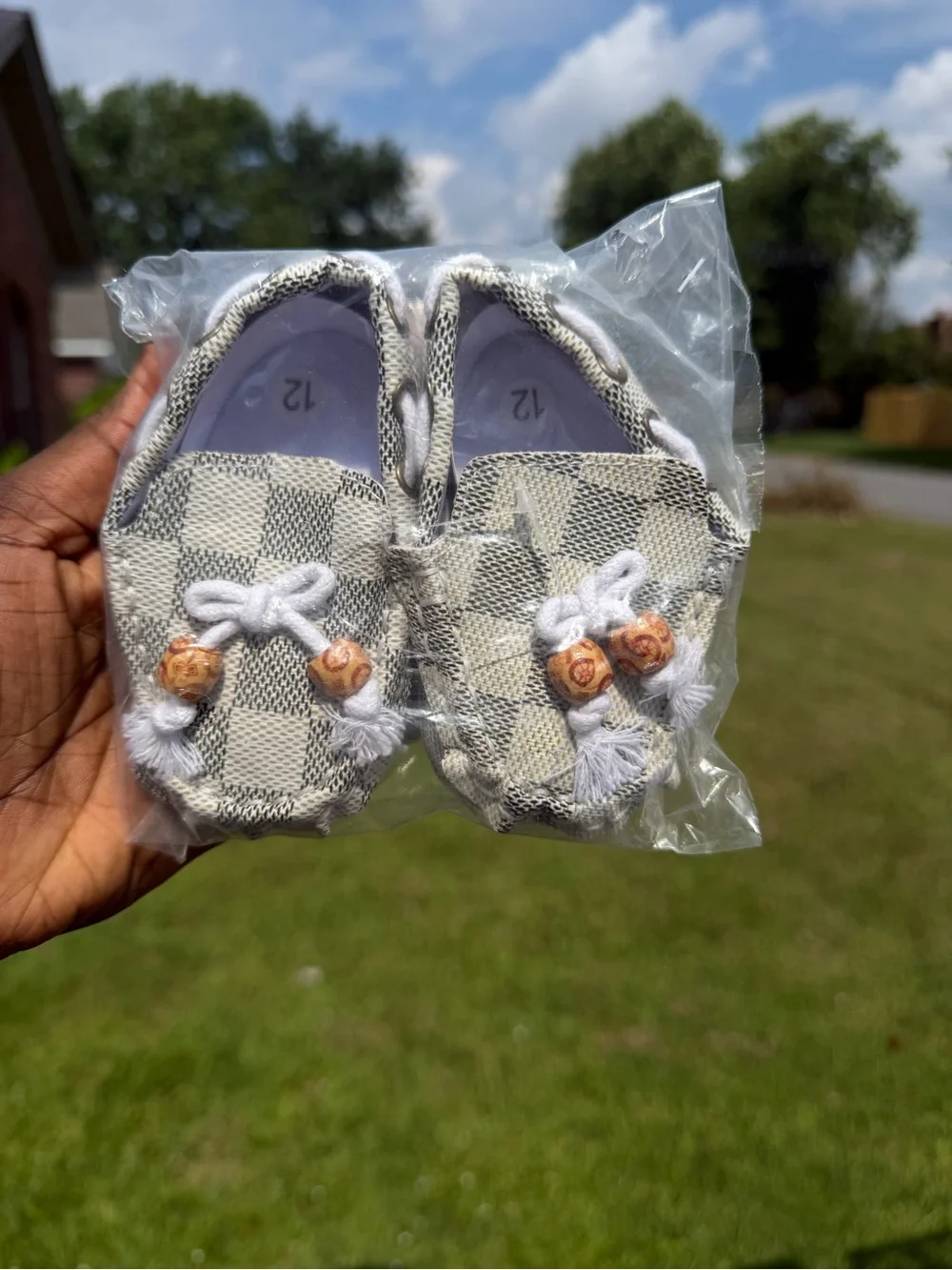 Toddler Checkered Moccasin Shoes in Cream and Gray